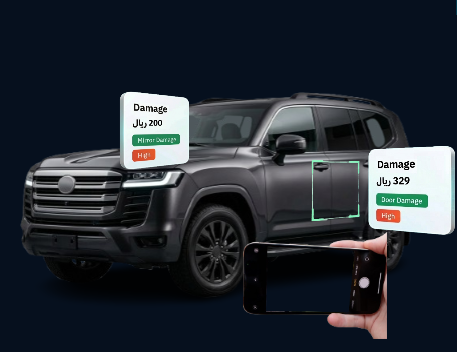 AI vehicle damage scan with repair cost cards in Saudi riyals